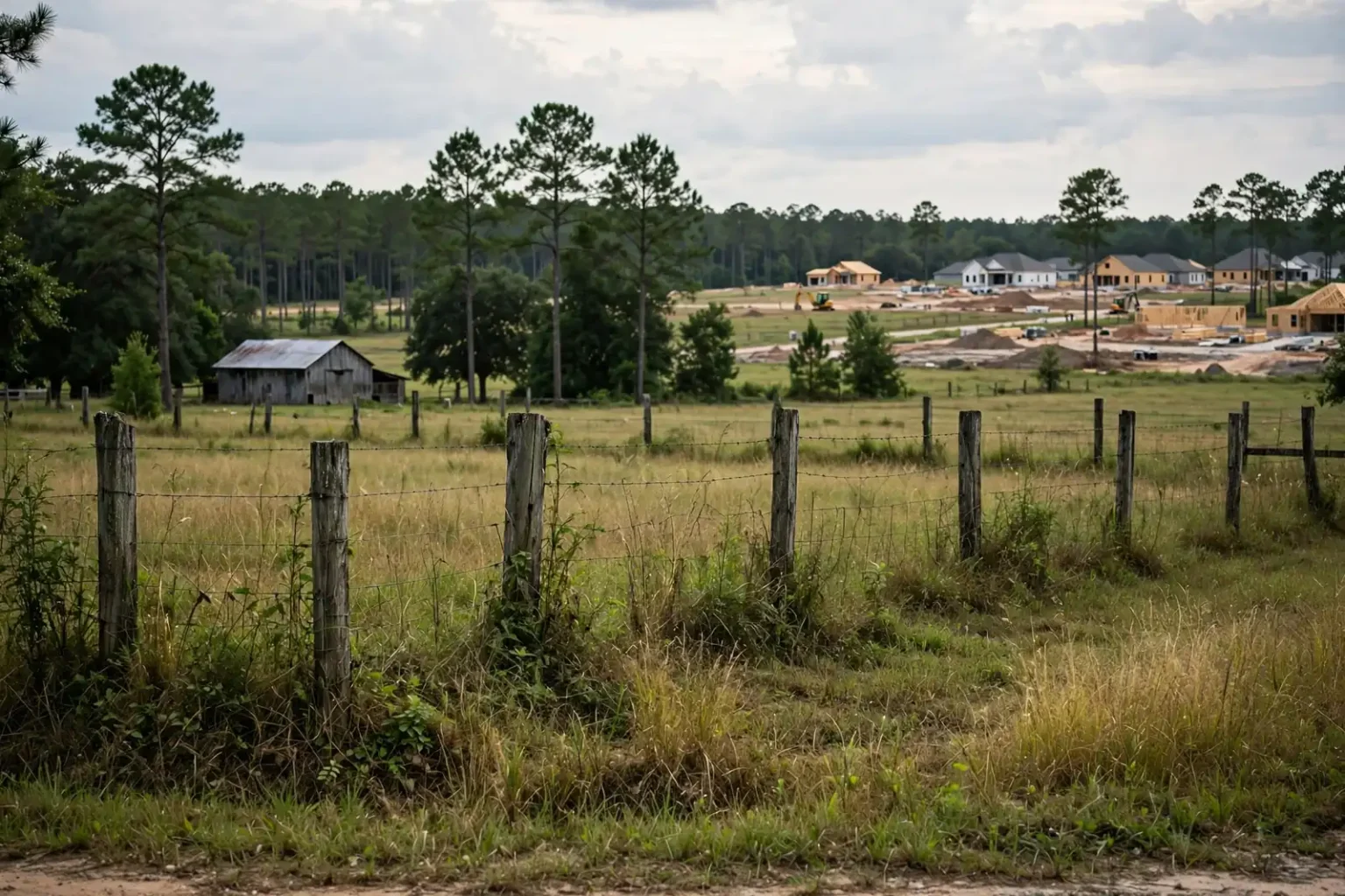 A No Trespassing sign posted on a wooden fence along a rural property line in Baldwin County