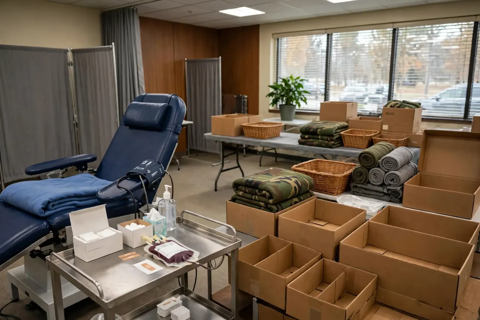 Illustration of a blood donation chair and a box of donated supplies beside an American flag, representing Baldwin EMC’s Power of Giving drive