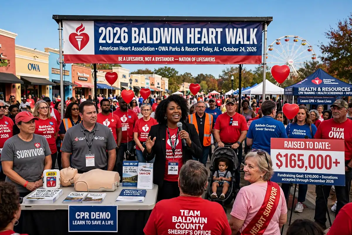 Participants in red shirts walking through a resort town center during the Baldwin Heart Walk in Foley