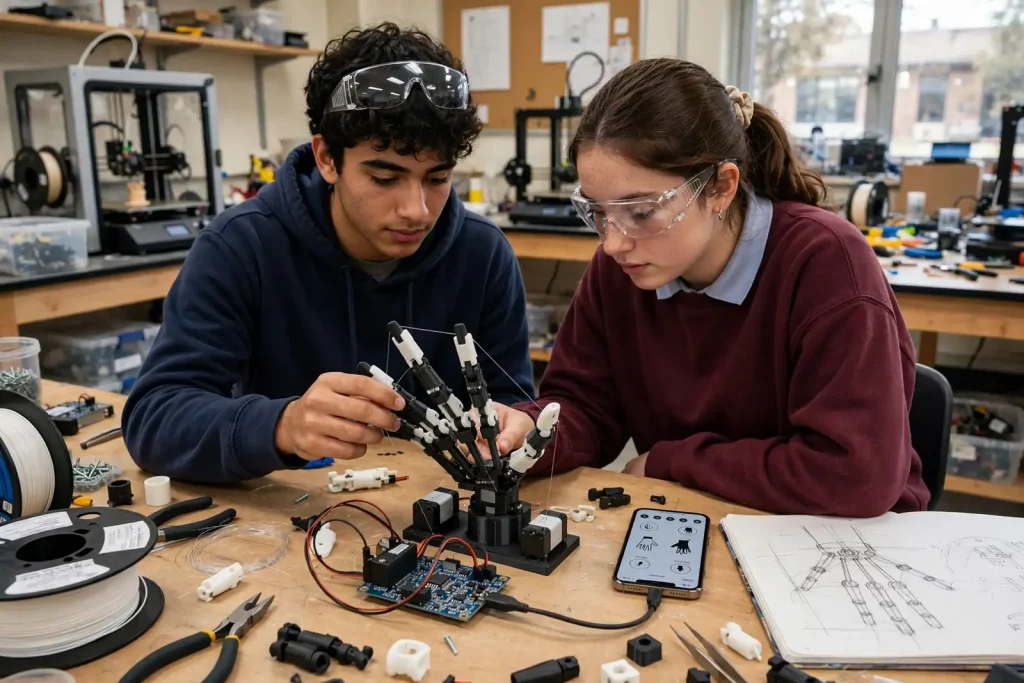White 3D-printed prosthetic hand with visible servo motors and wiring on a classroom workbench beside a smartphone