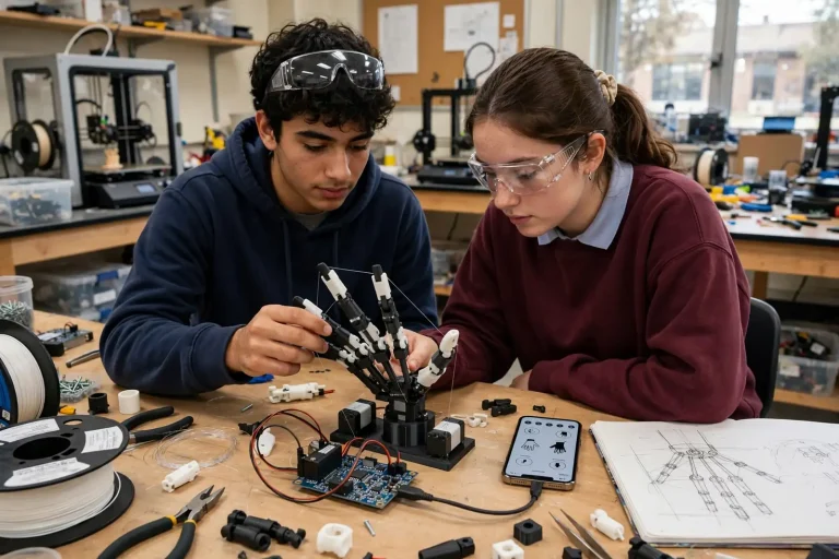 White 3D-printed prosthetic hand with visible servo motors and wiring on a classroom workbench beside a smartphone