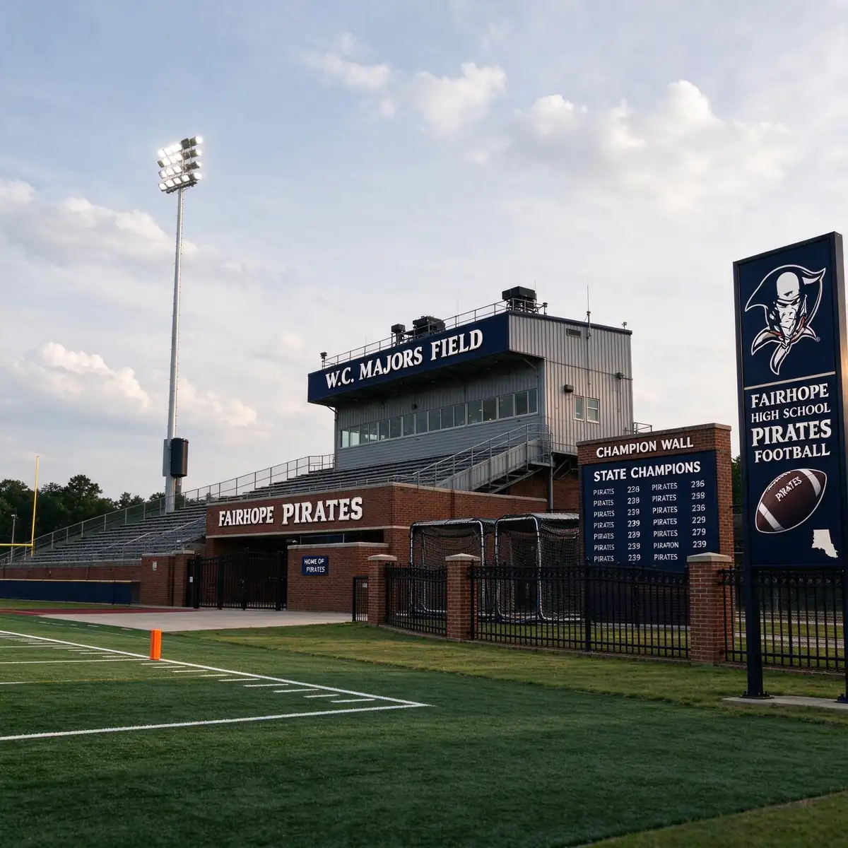 Empty high school football stadium bleachers and press box at dusk, like the planned Fairhope Volanta Park upgrades