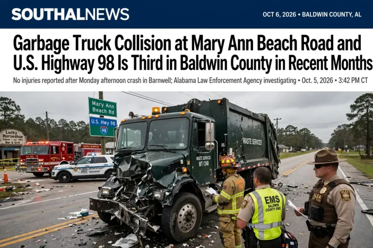 Firefighters, EMS and an ALEA trooper stand beside a damaged garbage truck at Mary Ann Beach Road and U.S. Highway 98 in Barnwell