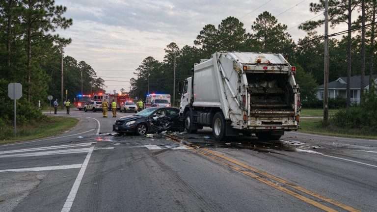 Illustration for the news story: Garbage Truck Collision at Mary Ann Beach Road and Highway 98 Is Third in Baldwin County in Recent Months