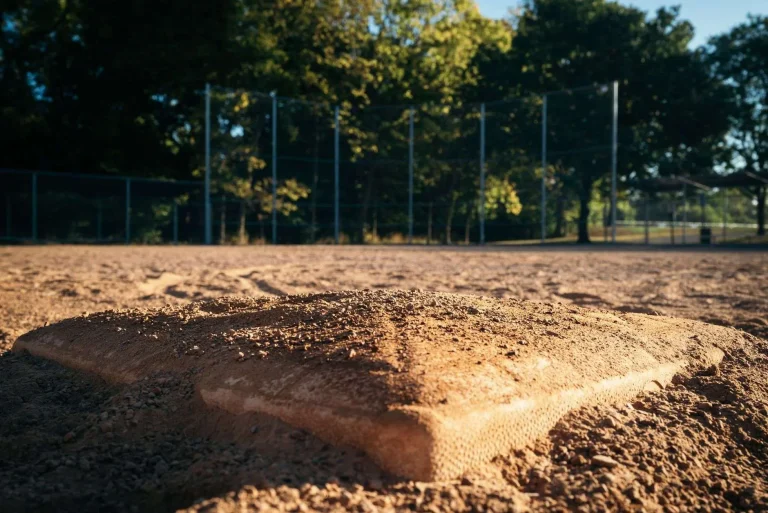 A base sits on a dirt infield in front of a chain-link backstop and trees at a baseball field