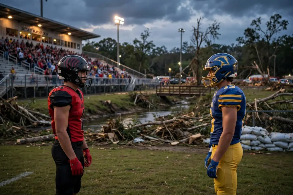 Packed home stands at a small-town high school football stadium at night before a rivalry game