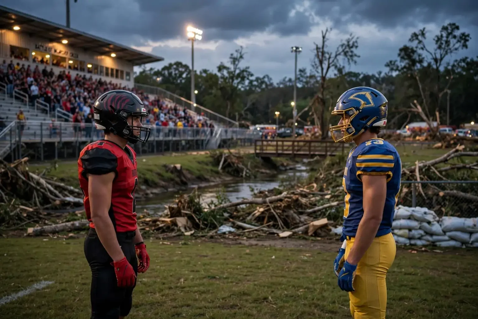 Packed home stands at a small-town high school football stadium at night before a rivalry game