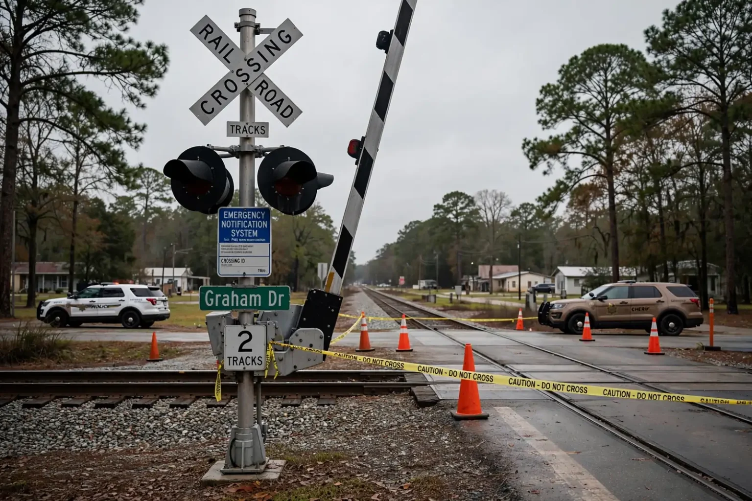 Railroad crossing signals and crossbuck at a road crossing marked with police tape and traffic cones, with patrol vehicles parked nearby