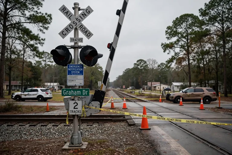 Railroad crossing signals and crossbuck at a road crossing marked with police tape and traffic cones, with patrol vehicles parked nearby