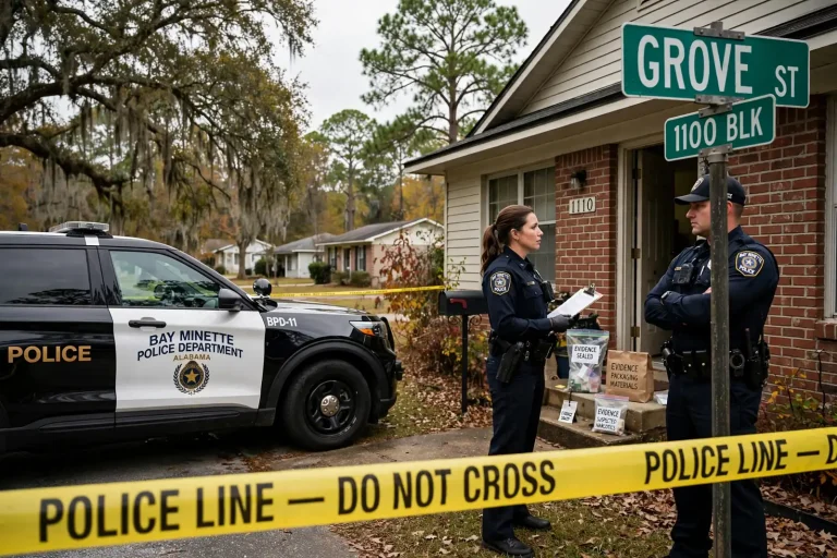 Police patrol vehicle parked on a quiet residential street in Bay Minette, Alabama