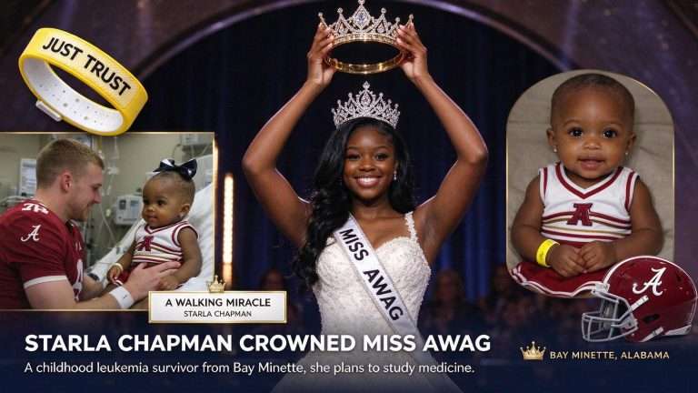 Illustration for the news story: Bay Minette’s Starla Chapman, Childhood Leukemia Survivor and AJ McCarron’s ‘Just Trust’ Friend, Crowned Miss AWAG