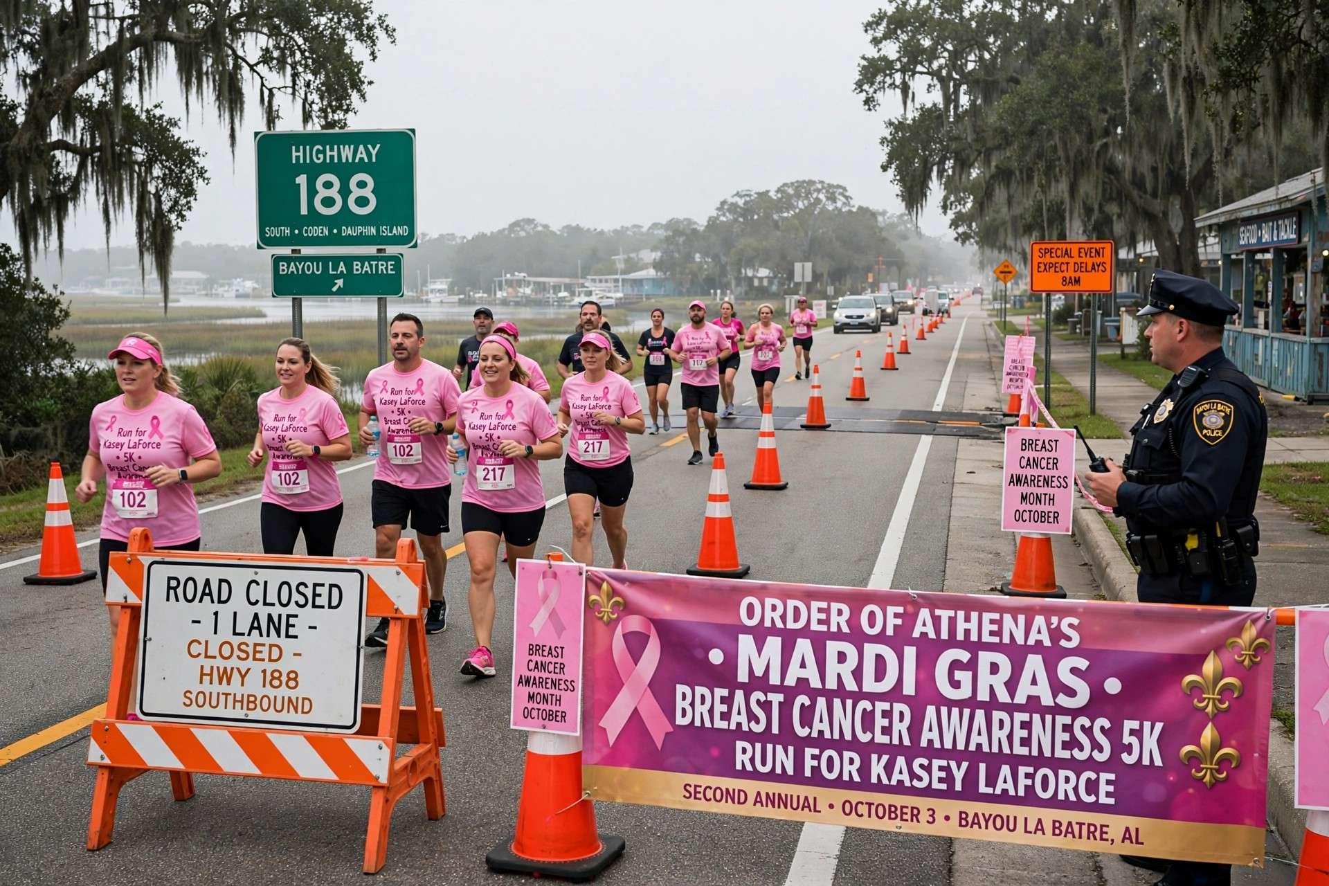 Runners in pink shirts on Highway 188 in Bayou La Batre beside a lane closure barricade and a police officer