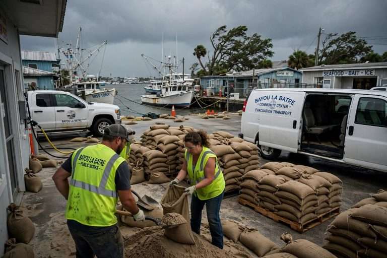 Illustration for the news story: Bayou La Batre Fills Sandbags, Fuels Evacuation Vans as Hurricane Isaias Threatens Surge