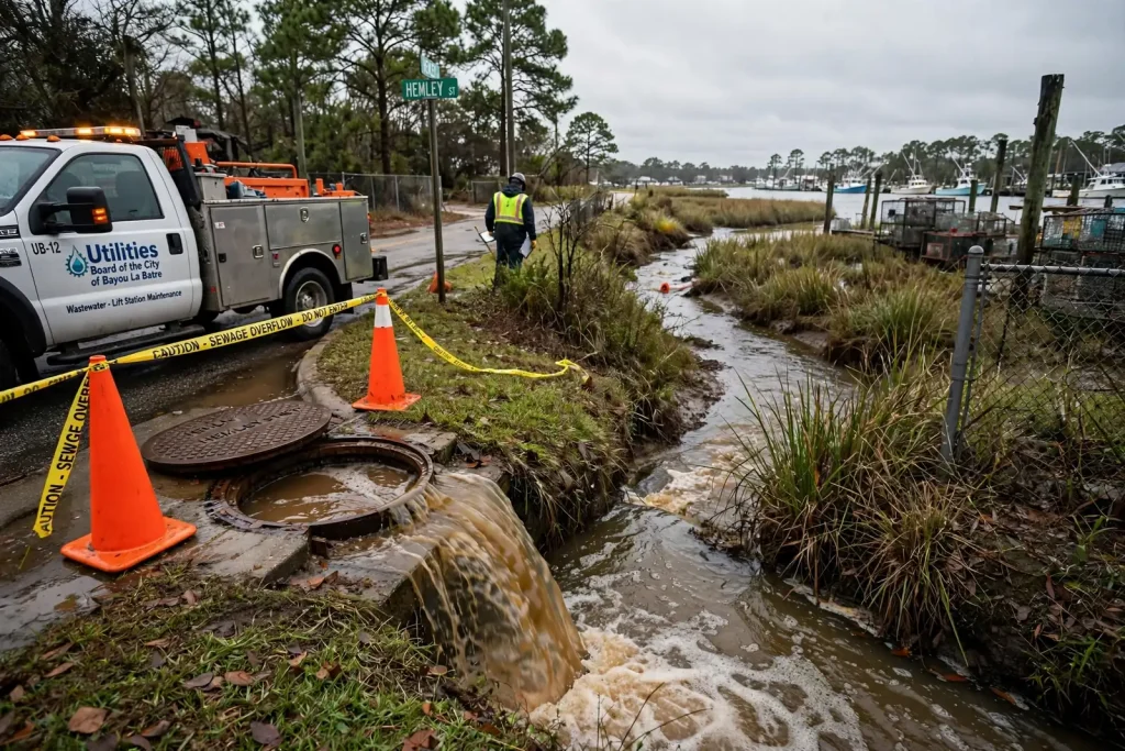 A utility crew working at a sewer manhole beside a small tree-lined creek in coastal Alabama