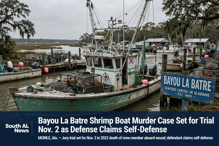 Commercial shrimp boats moored at a dock on the bayou in Bayou La Batre, Alabama