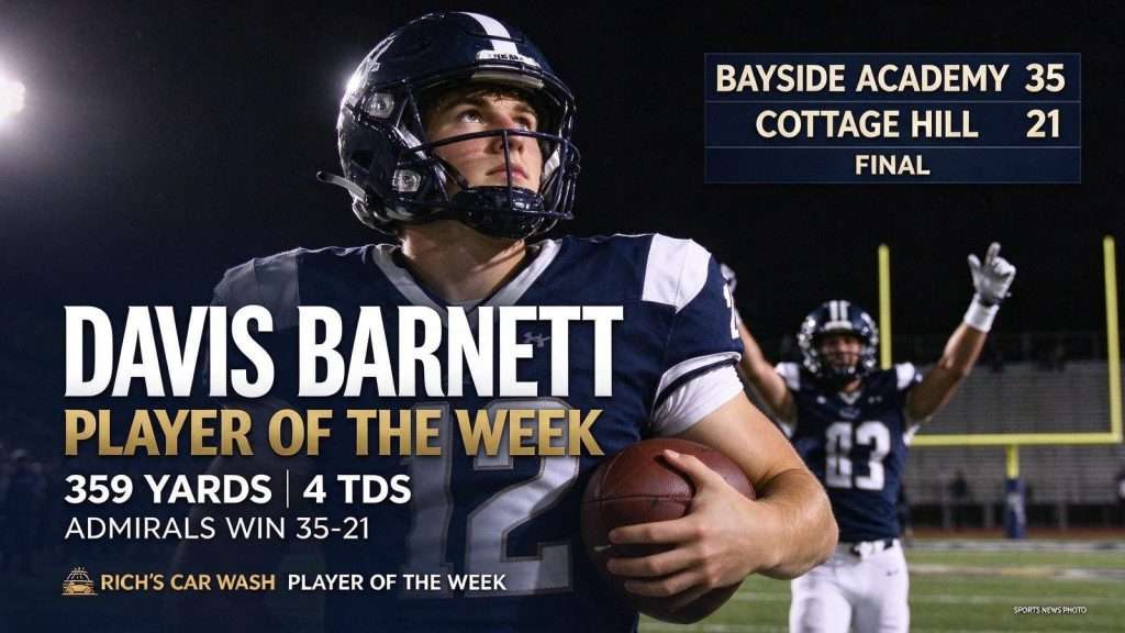 Illustration for the news story: Davis Barnett Named Player of the Week After 359-Yard, Four-TD Night in Bayside Academy Win Over Cottage Hill
