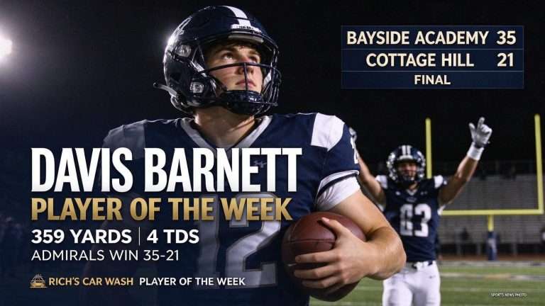 Illustration for the news story: Davis Barnett Named Player of the Week After 359-Yard, Four-TD Night in Bayside Academy Win Over Cottage Hill