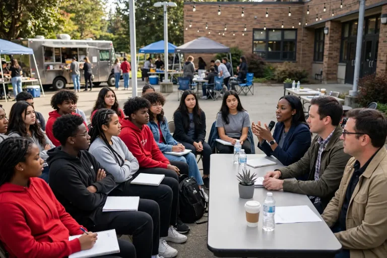 High school seniors seated in a school gym listening to a panel of local professionals