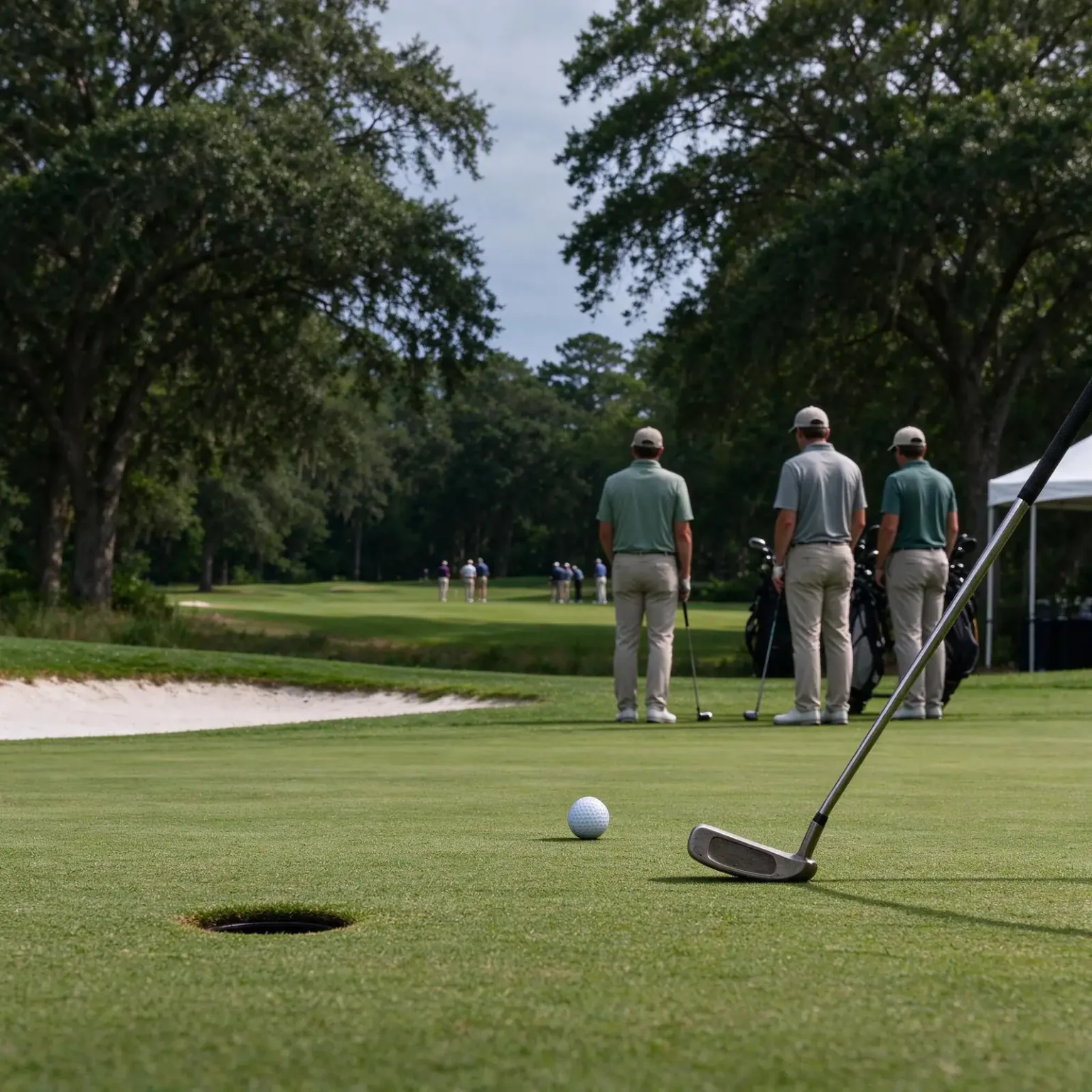 A golfer lines up a putt on a green during a morning charity tournament, with a donated suitcase sitting beside a sponsor sign near the clubhouse