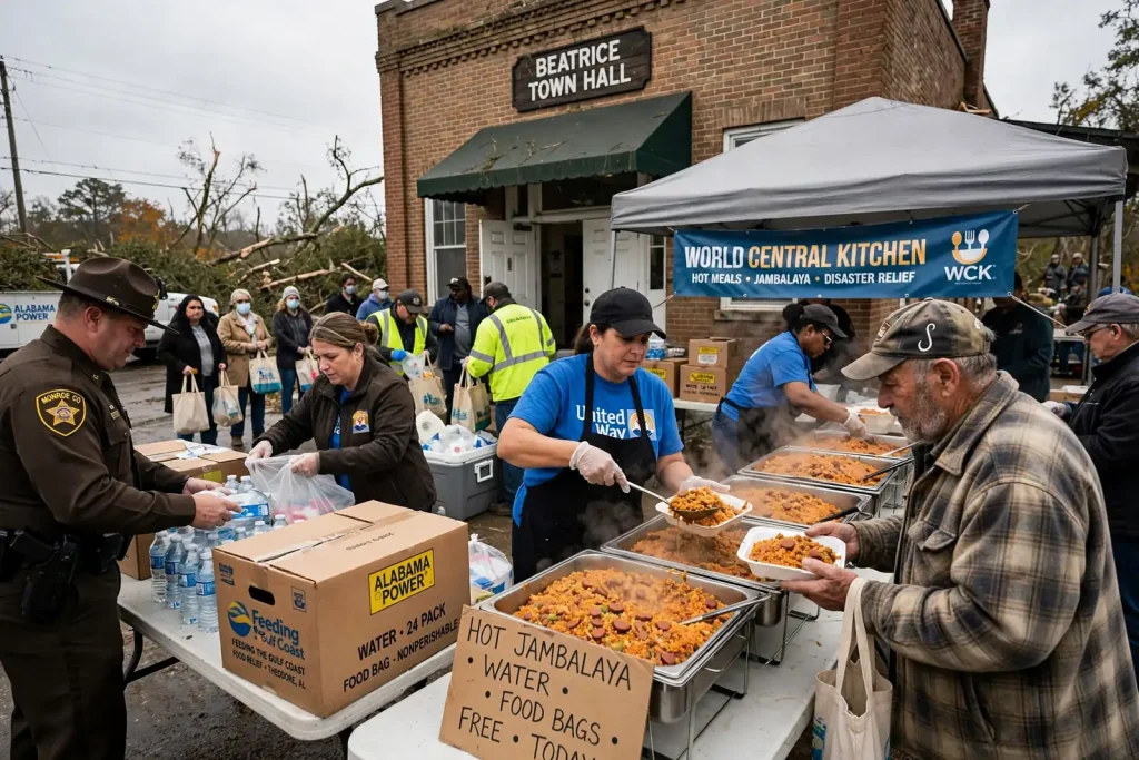 Volunteers handing out containers of hot food and bottled water outside a small-town hall