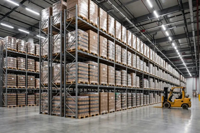 Tall warehouse racks stacked with pallets of beverage cases and a forklift on a polished floor