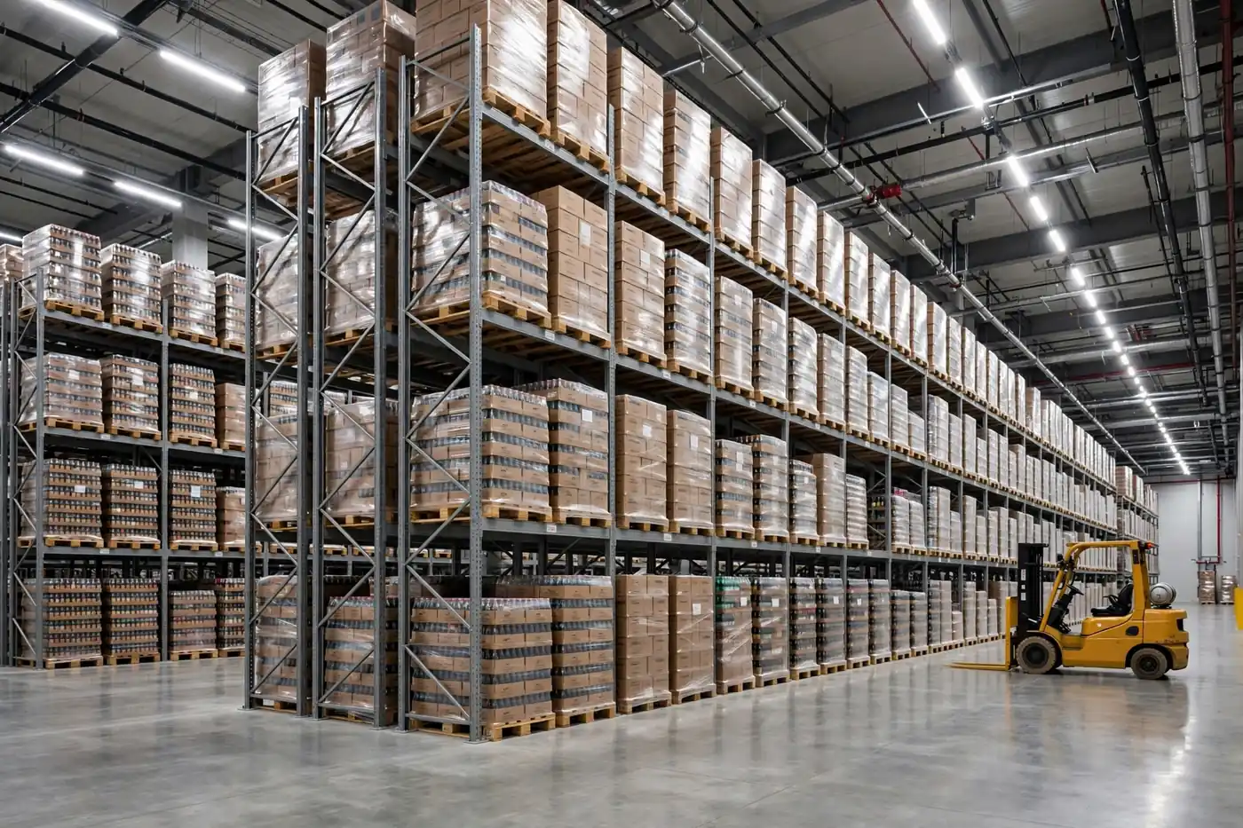 Tall warehouse racks stacked with pallets of beverage cases and a forklift on a polished floor