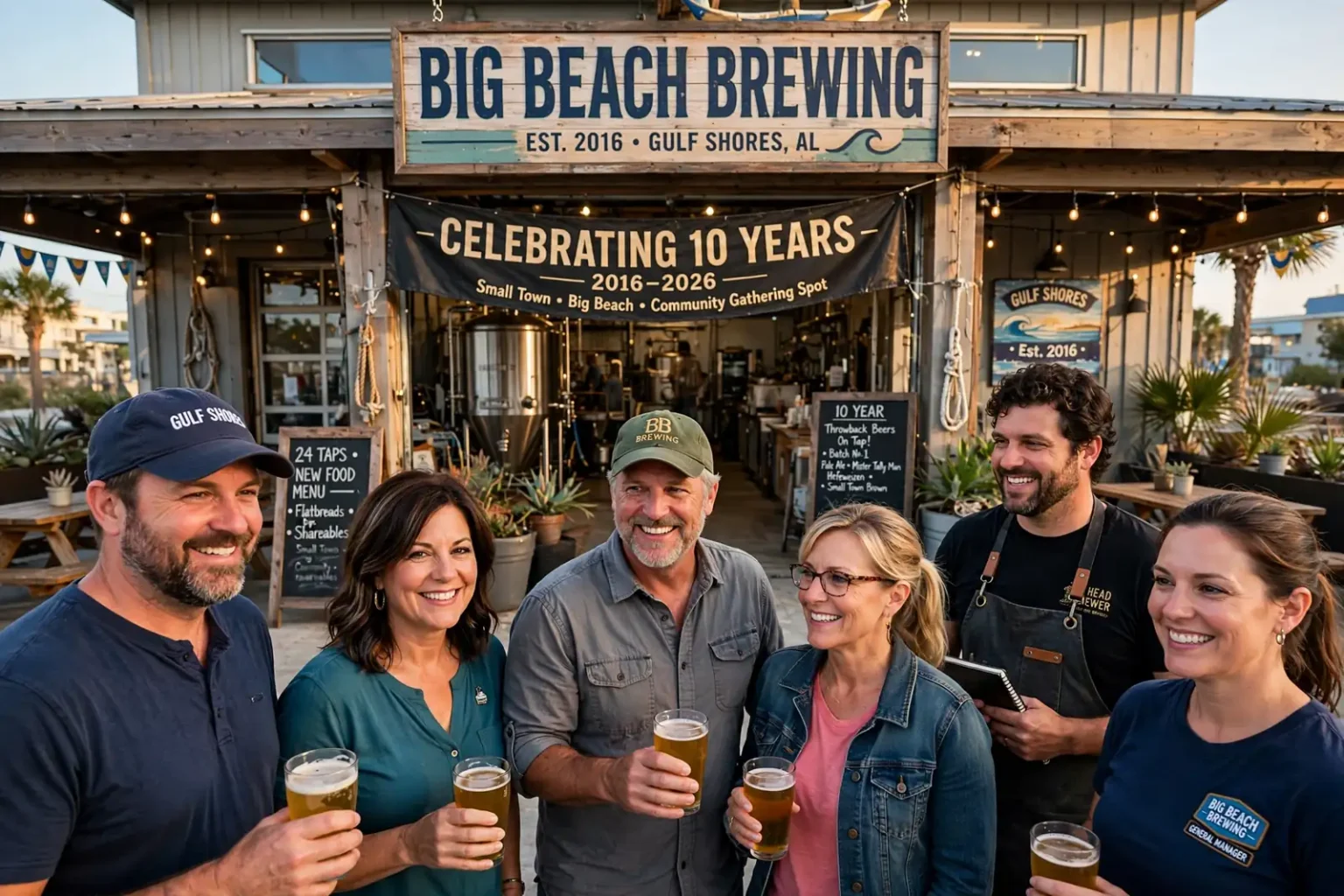 Smiling patrons raising beers outside Big Beach Brewing under a 10-year anniversary banner