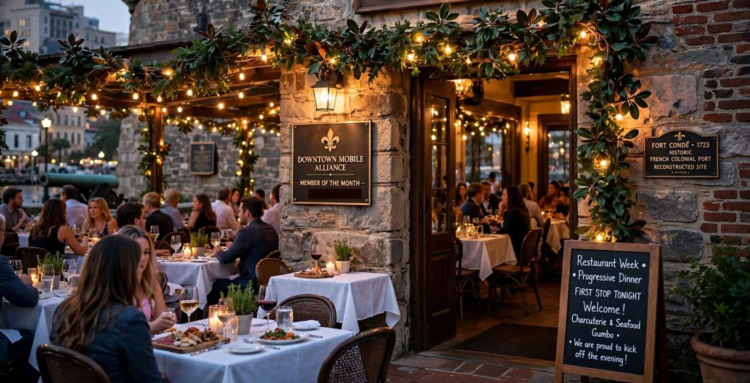 Diners at candlelit tables outside a historic stone restaurant entrance decorated with greenery and string lights