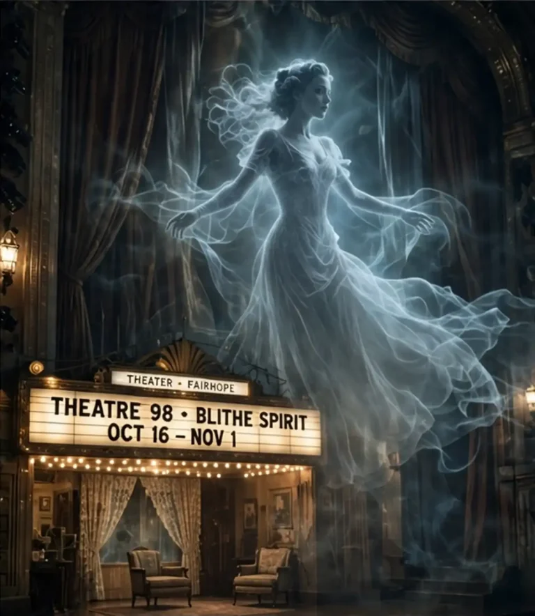 A translucent ghostly woman floats above a vintage theater stage with a lit marquee reading Theatre 98 Blithe Spirit
