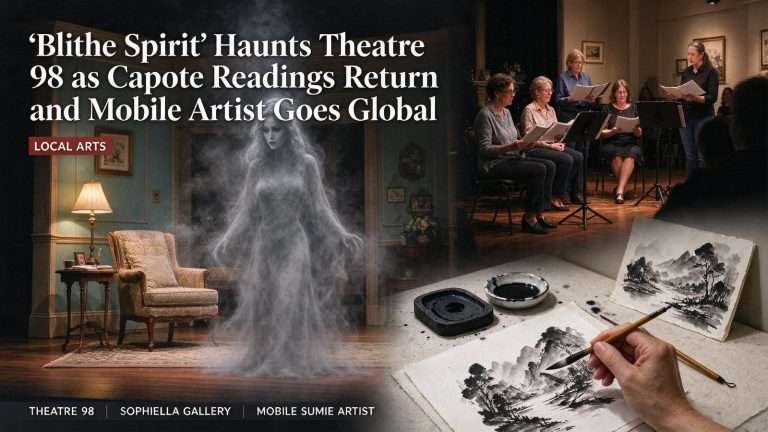 Illustration for the news story: “Blithe Spirit” Haunts Theatre 98 as Capote Readings Return and Mobile Artist Goes Global