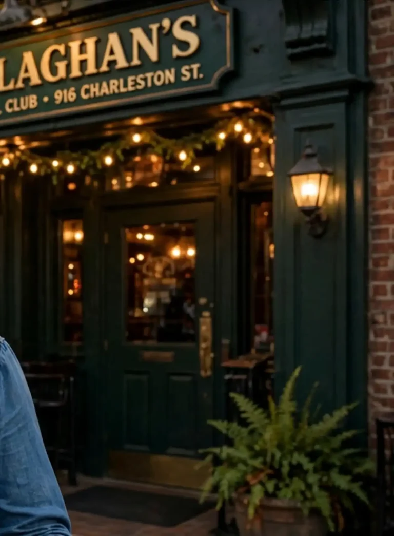 The green storefront of an Irish social club with string lights, glass doors and a lantern on a brick building