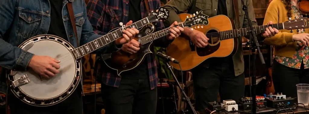 Musicians playing banjo, mandolin, acoustic guitar and fiddle on a small club stage