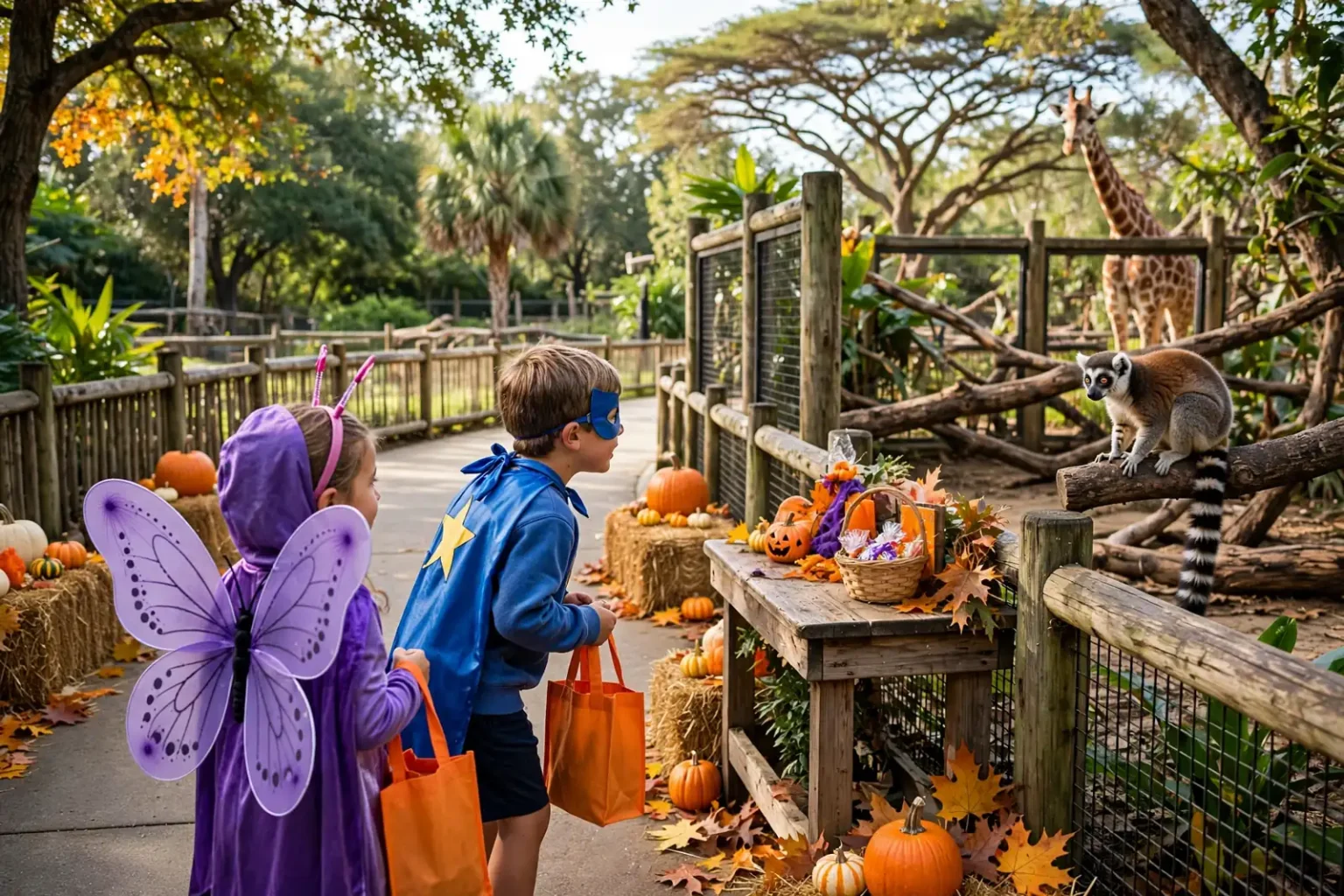 Two children in butterfly and superhero costumes carry orange treat bags past pumpkins as a lemur and giraffe watch at a zoo, illustrating Boo at the Zoo