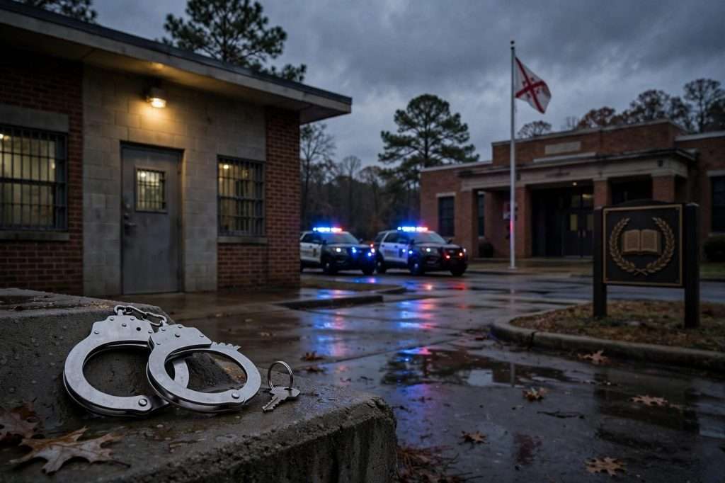 Entrance of a county detention center with a security fence and a law enforcement vehicle parked outside