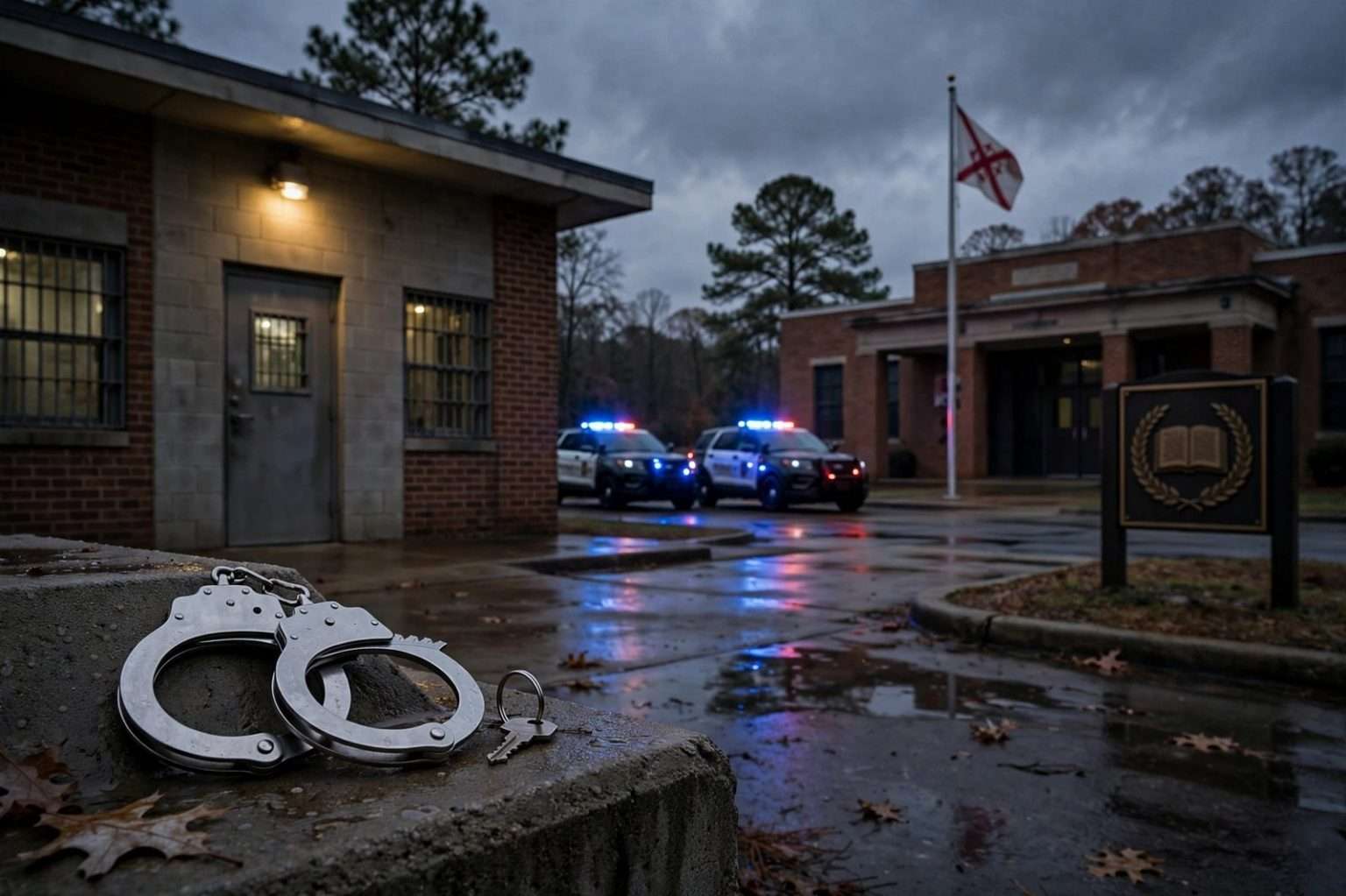 Entrance of a county detention center with a security fence and a law enforcement vehicle parked outside