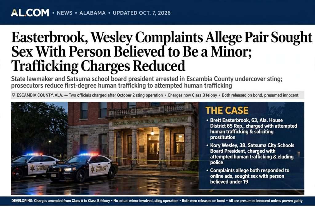 Illustration for the news story: Easterbrook, Wesley Complaints Allege Pair Sought Sex With Person Believed to Be a Minor; Trafficking Charges Reduced