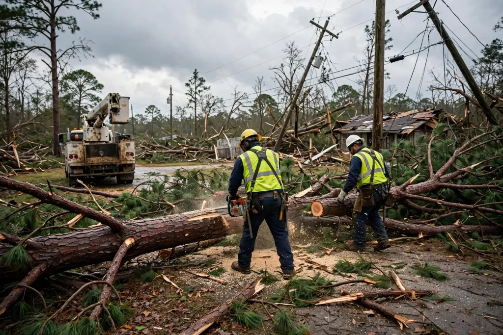 Utility linemen in a bucket truck repairing power lines beside snapped pine trees on a rural road after a hurricane