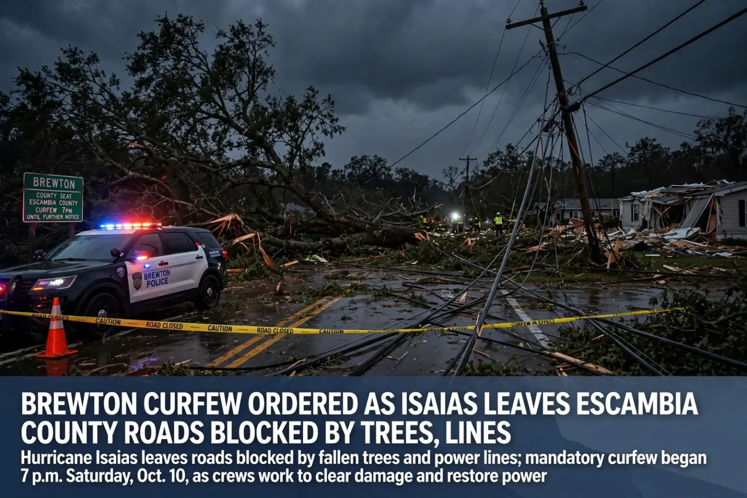 A pine tree and snapped utility pole lie across a two-lane road in rural south Alabama, with power lines draped over the pavement and a sheriff's patrol car stopped nearby