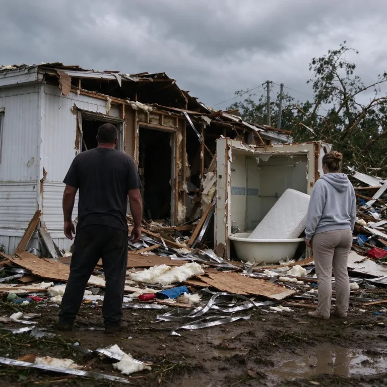 Mangled trailer home with torn roof and scattered belongings in a rural yard near Brewton, Alabama, after Hurricane Isaias