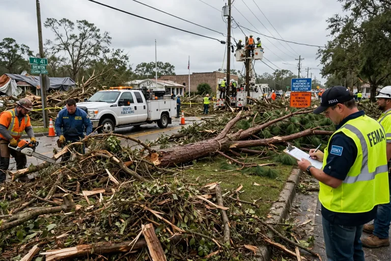 Workers clearing fallen trees and storm debris along a Brewton street after Hurricane Isaias