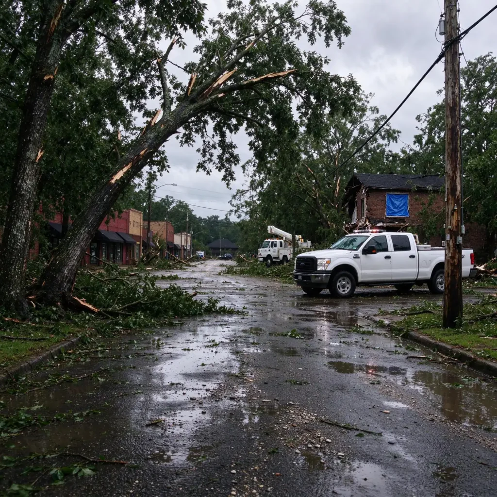 Uprooted tree and damaged storefronts in downtown Brewton, Alabama, after Hurricane Isaias