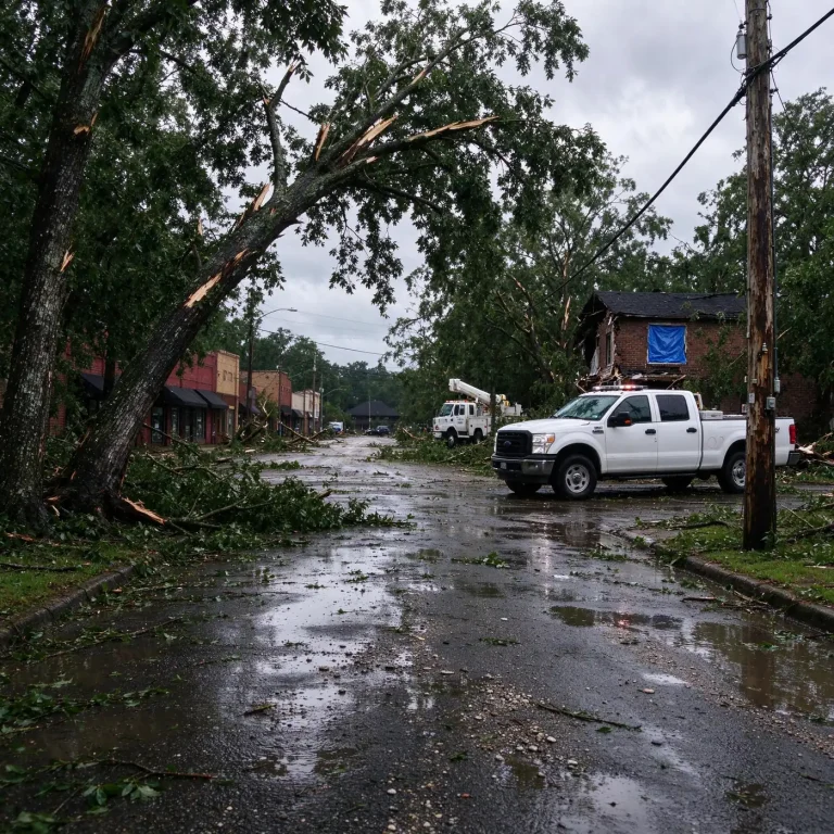 Uprooted tree and damaged storefronts in downtown Brewton, Alabama, after Hurricane Isaias
