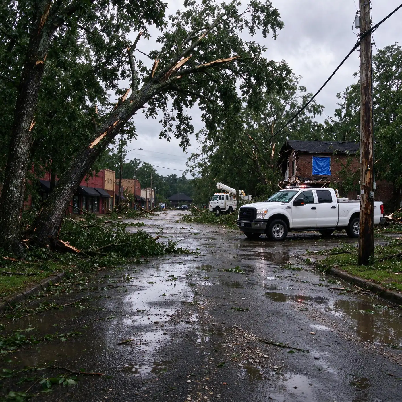 Uprooted tree and damaged storefronts in downtown Brewton, Alabama, after Hurricane Isaias