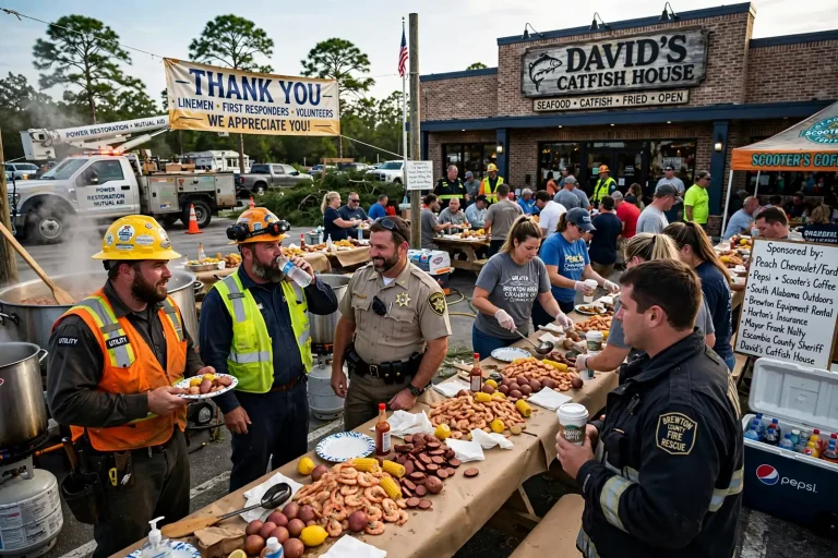 First responders, linemen and volunteers gathered around tables of low-country boil outside a restaurant