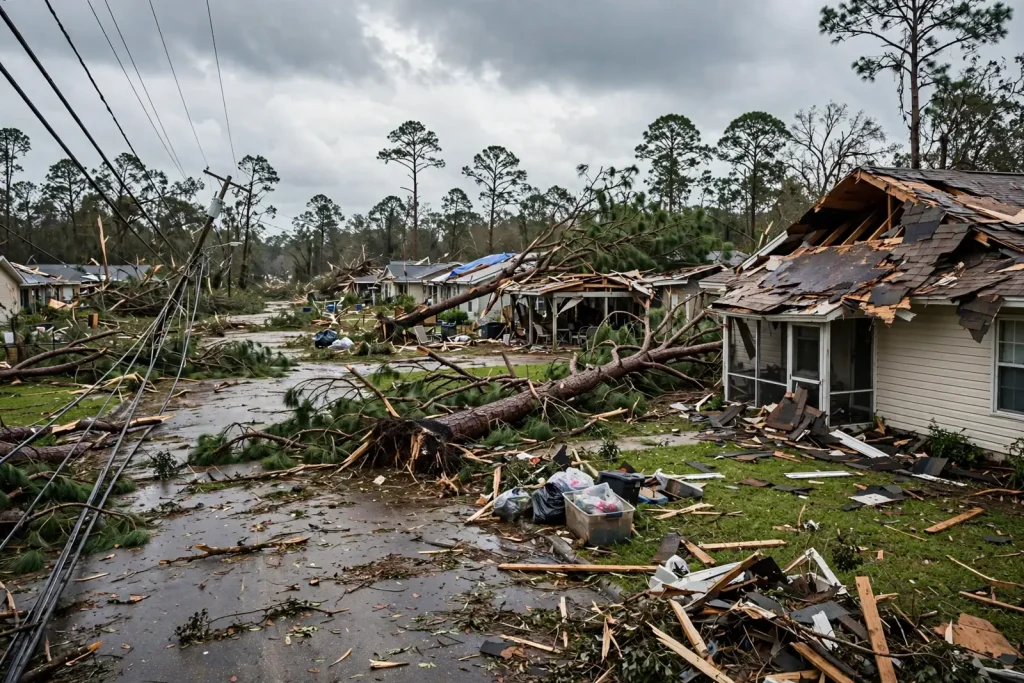 Brewton storm damage with a torn roof, fallen pine trees and downed power lines across a residential street after Hurricane Isaias