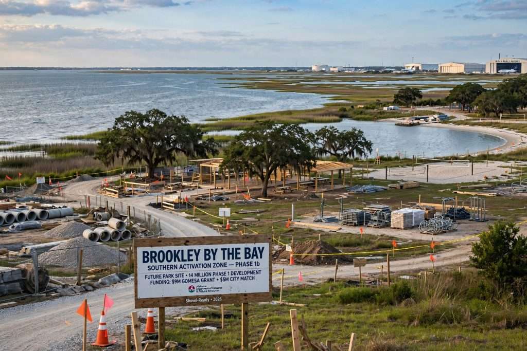 Undeveloped shoreline and marsh grasses along the western shore of Mobile Bay at the future Brookley by the Bay park site in Mobile, Alabama