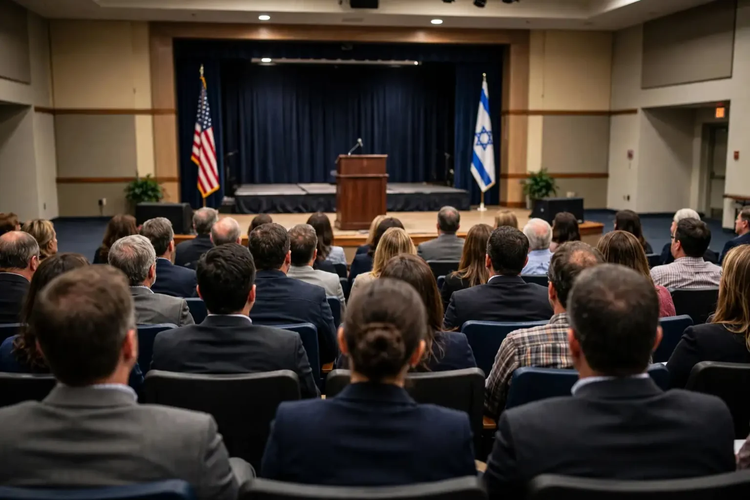 A speaker addresses an audience in a university event hall with American and Israeli flags displayed