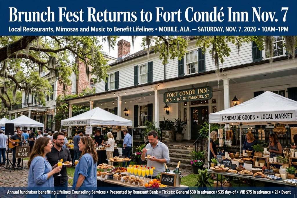 Guests sample brunch dishes and mimosas in the courtyard of a historic inn in downtown Mobile, Alabama