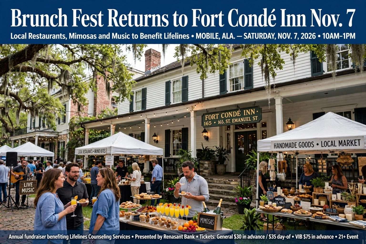Guests sample brunch dishes and mimosas in the courtyard of a historic inn in downtown Mobile, Alabama