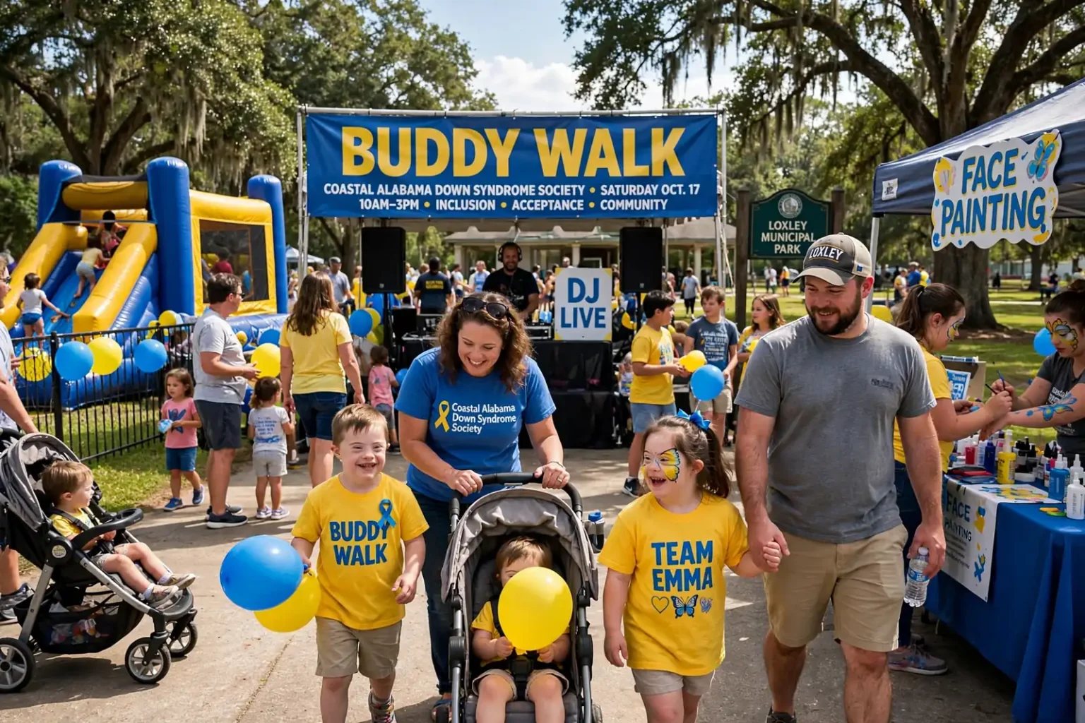 Families and children in matching T-shirts walking together in a park during a community awareness walk